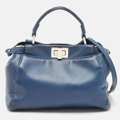 Pre-owned Fendi Navy Blue Leather Mini Peekaboo Top Handle Bag