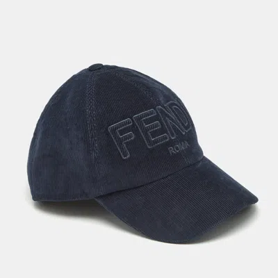 Pre-owned Fendi Navy Blue Logo Embroidered Corduroy Baseball Cap S