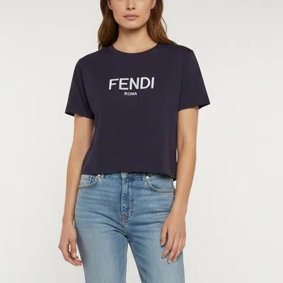 Pre-owned Fendi Navy Blue Logo Embroidered Cotton Crewneck T-shirt M