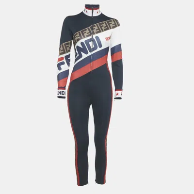 Pre-owned Fendi Navy Blue Logo Print Jersey Zucca Tape Trimmed Jumpsuit S