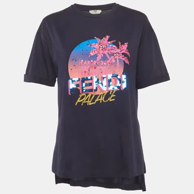 Pre-owned Fendi Navy Blue Palace Print Jersey T-shirt S
