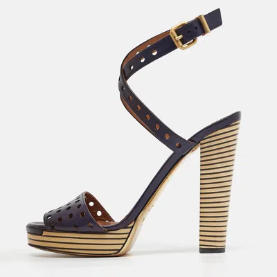 Pre-owned Fendi Navy Blue Perforated Leather Ankle Strap Platform Sandals Size 40