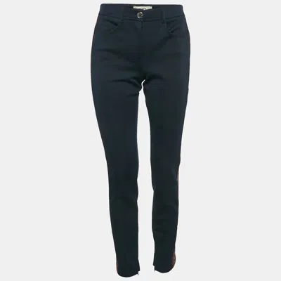 Pre-owned Fendi Navy Blue Pique Jersey Logo Band Detail Trousers S