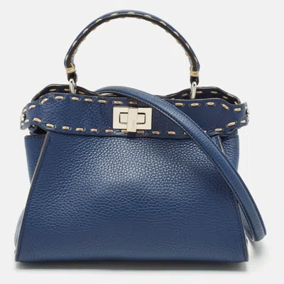 Pre-owned Fendi Navy Blue Selleria Leather Mini Peekaboo Top Handle Bag