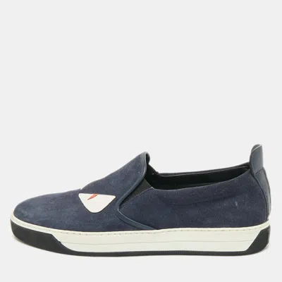 Pre-owned Fendi Navy Blue Suede Monster Eyes Slip On Sneakers Size 43