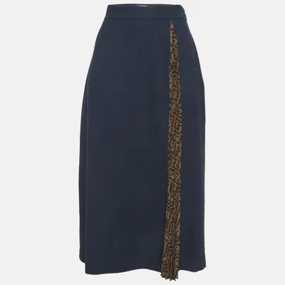 Pre-owned Fendi Navy Blue Wool & Brown Zucca Monogram Plisse Silk Midi Skirt M