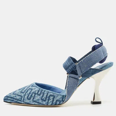 Pre-owned Fendi Navy Blue Zucca Denim Colibri Slingback Pumps Size 39.5
