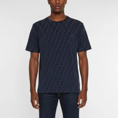 Pre-owned Fendi Navy Blue Zucca Flocked Jersey Crew Neck T-shirt M