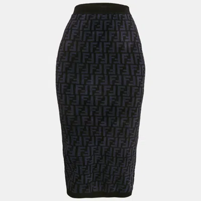 Pre-owned Fendi Navy Blue Zucca Stretch Velvet Pencil Skirt S