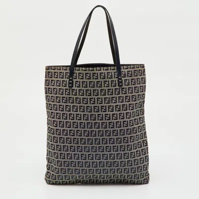 Pre-owned Fendi Navy Blue/beige Zucchino Canvas And Leather Vintage Shopper Tote