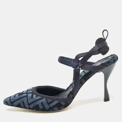 Pre-owned Fendi Navy Blue/black Zucca Velvet Colibri Pointed Toe Slingback Pumps Size 38.5