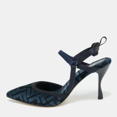 Pre-owned Fendi Navy Blue/black Zucca Velvet Colibri Pumps Size 37