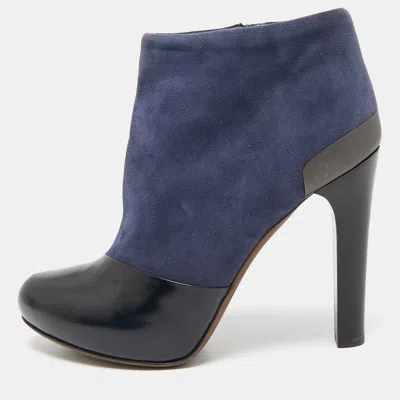 Pre-owned Fendi Navy Blue/blue Leather And Suede Ankle Length Boots Size 37.5