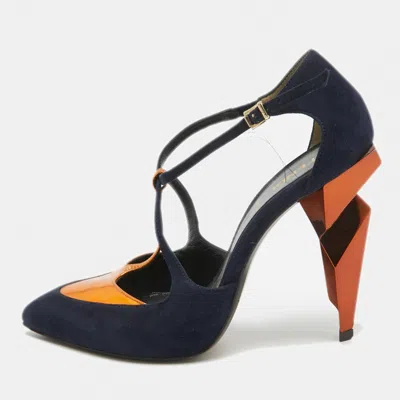 Pre-owned Fendi Navy Blue/metallic Suede And Leather T-bar Ankle Strap Pumps Size 37