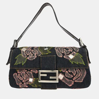 Pre-owned Fendi Navy Denim Floral Baguette Handbag In Blue