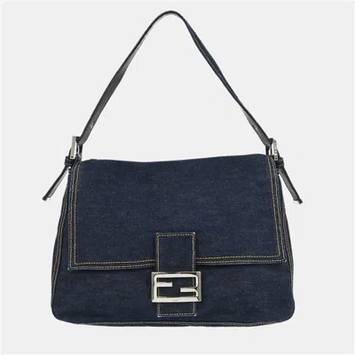 Pre-owned Fendi Navy Denim Mamma Baguette Handbag In Blue
