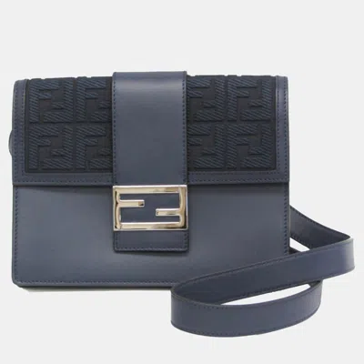 Pre-owned Fendi Navy Leather Canvas Flat Baguette Medium Shoulder Bag