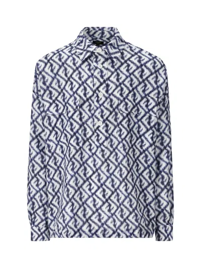 Fendi Navy Linen Ff Chine Shirt For Men In Blue