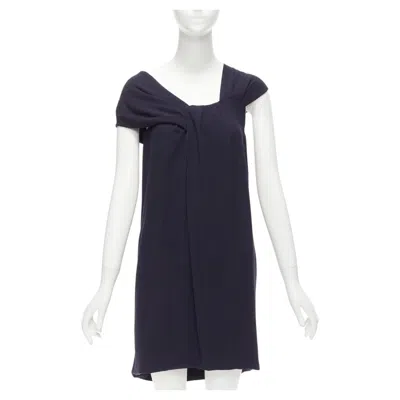 Pre-owned Fendi Navy Viscose Wool Asymmetric Pleated Collar Silk Lined Mini Dress It38 Xs In Blue