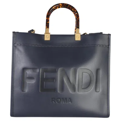 Pre-owned Fendi Navy Vitello King Plexiglass Embossed Medium  Sunshine Shopper Tote In Blue