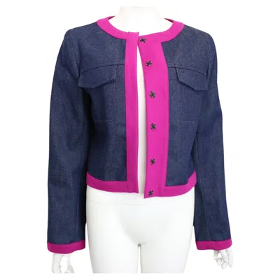 Pre-owned Fendi Navy With Contrast Pink Piping Trim Cropped Denim Jacket