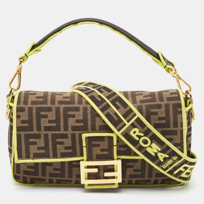 Pre-owned Fendi Neon Green/tobacco Zucca Canvas Baguette Shoulder Bag In Brown