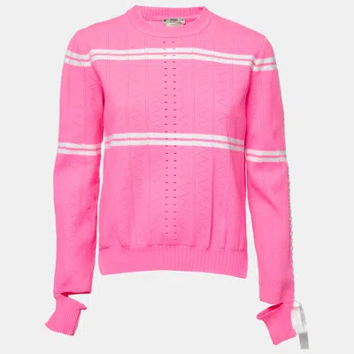 Pre-owned Fendi Neon Pink Striped Knit Ribbon Detail Jumper M