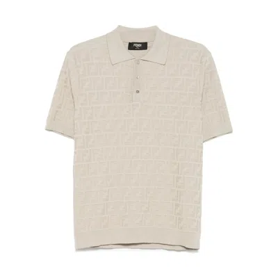 Fendi Ff Cotton Knit Polo Shirt In Neutral