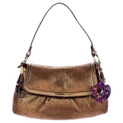 Pre-owned Fendi New  Bronze Metallic Foil Chef Baguette Bag Fully Lined In Shearling In Brown