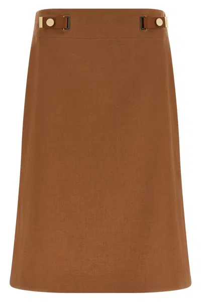 Fendi Linen Skirt High Waist Belt Detail Slit In Brown