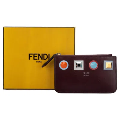 Pre-owned Fendi Nib Burgundy Zipped Wallet W/studs In Red