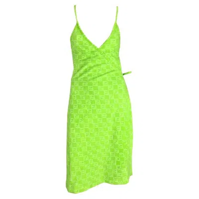 Pre-owned Fendi Nwt 1990s  By Karl Lagerfeld Neon Green Terry Cloth Ff Logo Wrap Dress