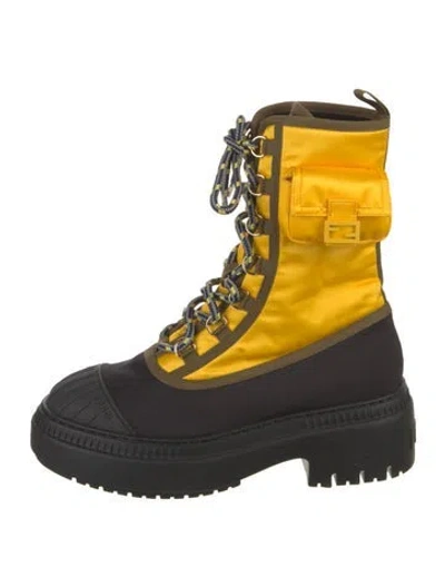 Pre-owned Fendi Nylon Colorblock Pattern Combat Boots In Yellow