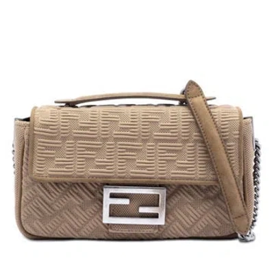 Pre-owned Fendi Nylon Zucca Embossed Technical Fabric Chain Midi Baguette In White