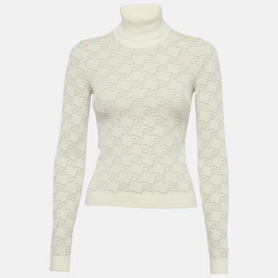 Pre-owned Fendi Off-white 3d Ff Karligraphy Motif Turtleneck Sweater Xs