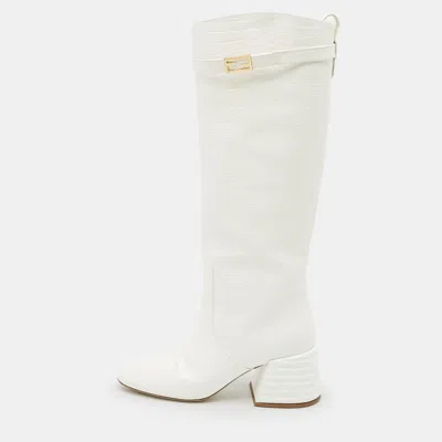 Pre-owned Fendi Off White Croc Embossed Leather Knee Length Boots Size 37