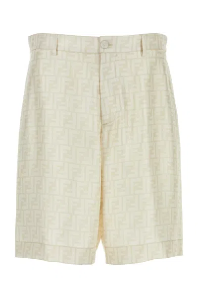 FENDI OFF WHITE EMBROIDERED SILK SHORTS
