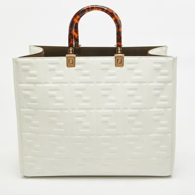 Pre-owned Fendi Off White Zucca Embossed Leather Medium Sunshine Tote