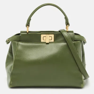 Pre-owned Fendi Olive Green Leather Mini Peekaboo Top Handle Bag