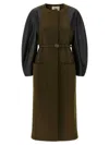 Fendi Green Wool Midi Coat With Leather Sleeves In Multi