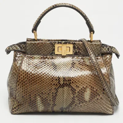 Pre-owned Fendi Olive Green/black Python Mini Peekaboo Top Handle Bag