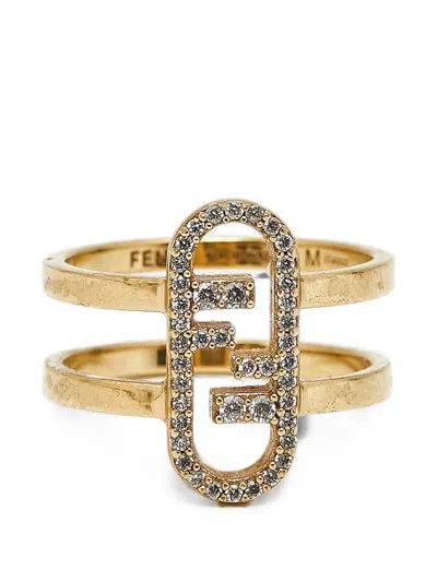 Pre-owned Fendi O'lock Crystal-embellished Ring In Gold