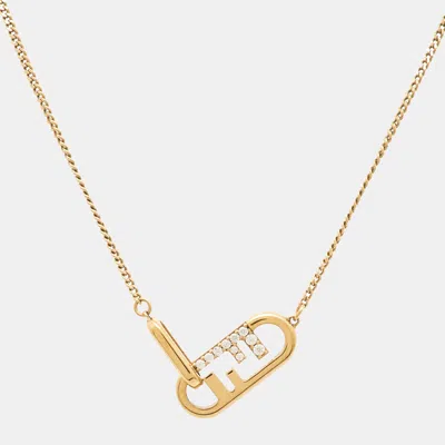 Pre-owned Fendi O'lock Crystals Gold Tone Necklace