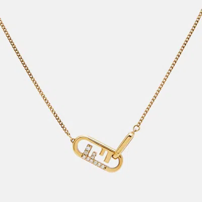 Pre-owned Fendi O'lock Crystals Gold Tone Necklace