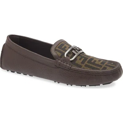 Fendi O'lock Mixed Media Driving Loafer In Tabacco Nero/dark Brown