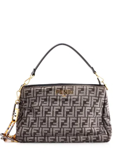 Pre-owned Fendi O'lock Zip Shoulder Bag Zucca Chenille Hobo Bag In Gray