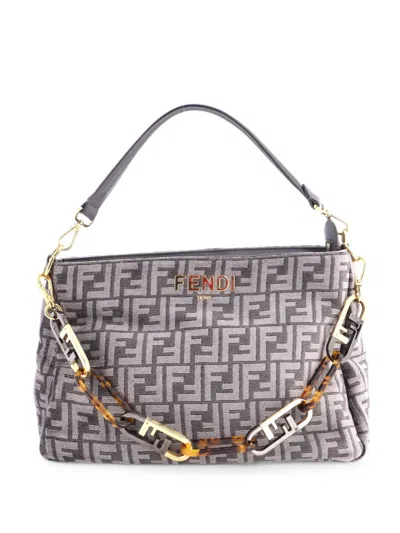 Pre-owned Fendi O'lock Zip Shoulder Bag Zucca Chenille Hobo Bag In Gray