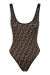 Fendi Ff Logo Print Swimsuit In Brown