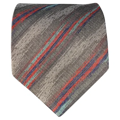 Pre-owned Fendi One Size Grey Red Diagonal Stripe Silk Tie