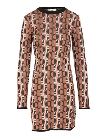 Fendi Optical Archive Print Long Sleeve Crewneck Knit Mini Dress Dresses Multicolor In Brown